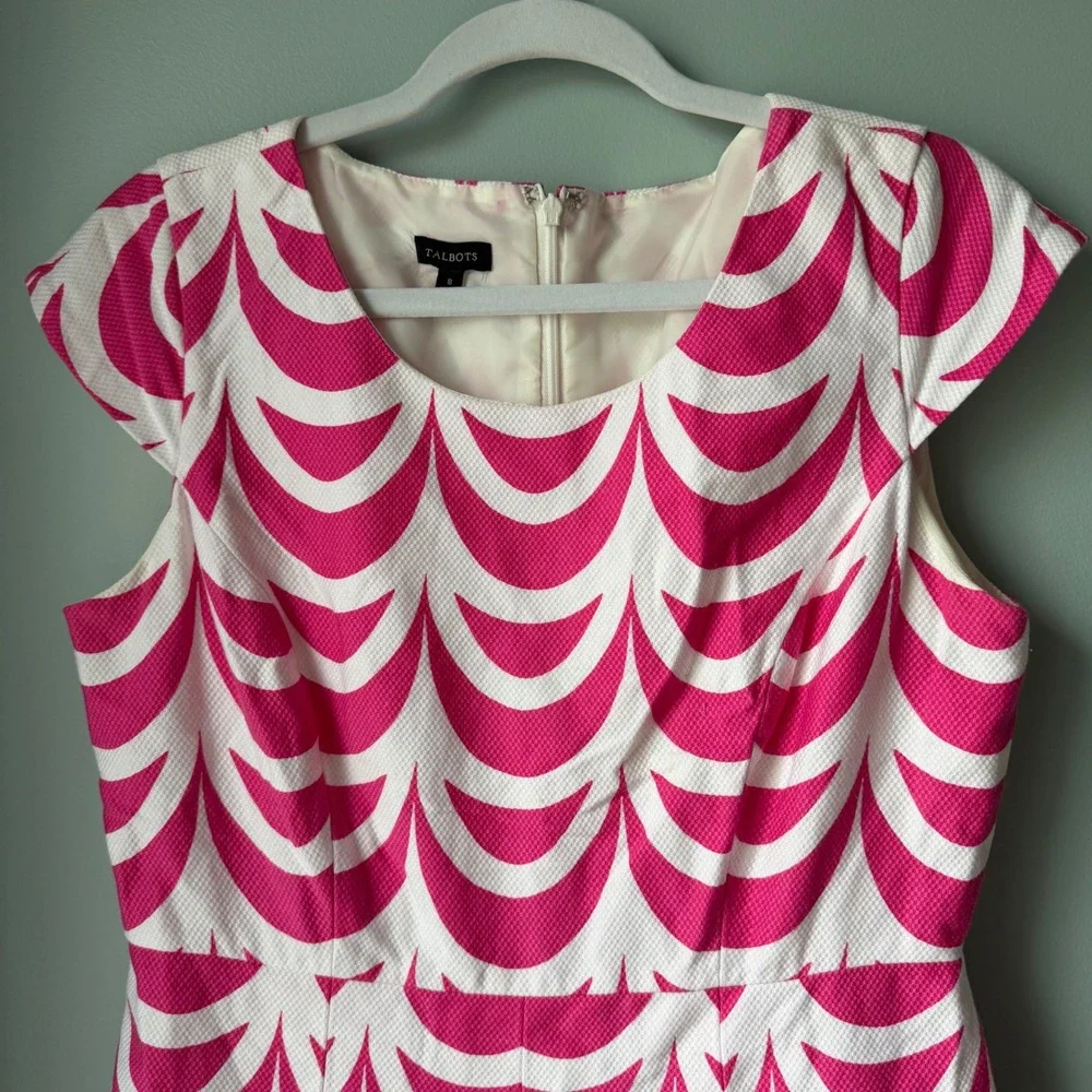 Talbots Dress Pink White Floral Geo Print Cap Sleeve Pleated Skirt Cotton Size 8